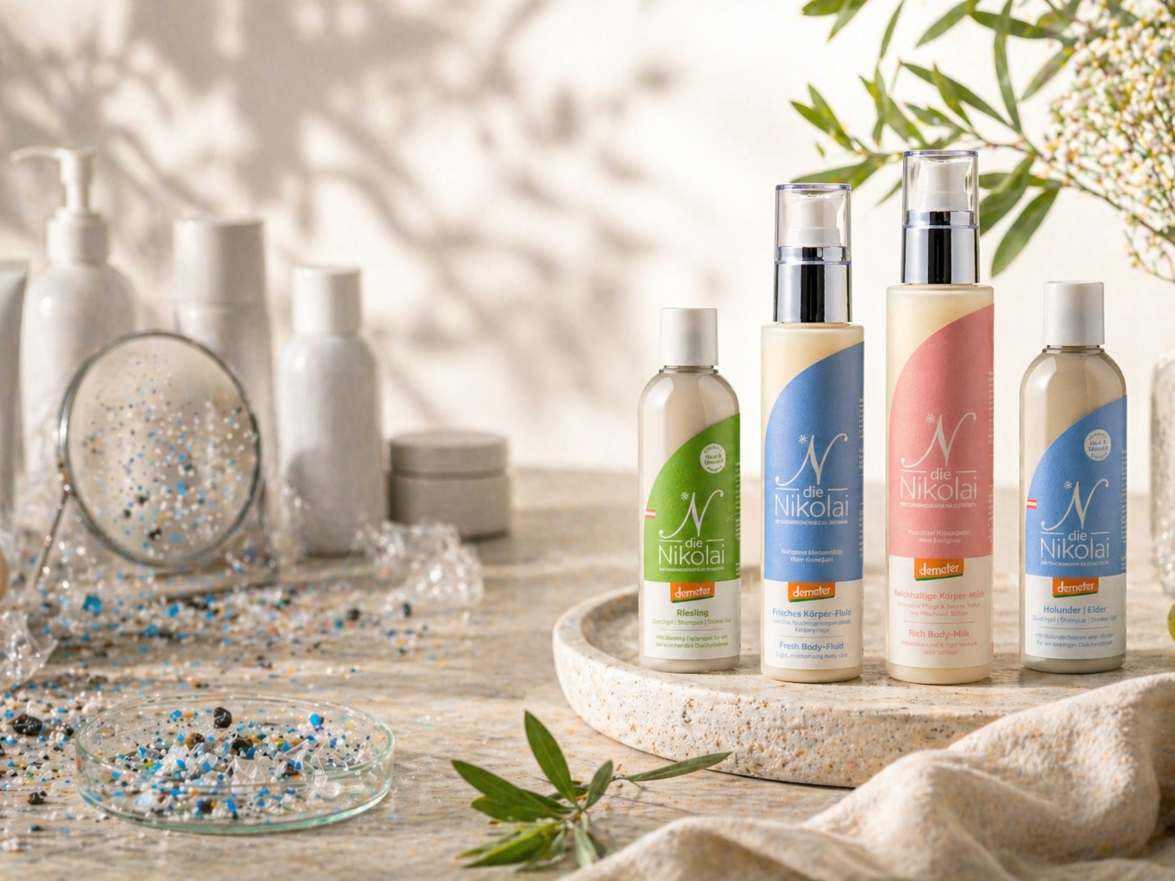 dieNikolai Körperpflege mit Holunder Duschgel, Bio Body-Fluid und Frische Körper-Fluid auf Tablett mit Mikroplastik-Vergleich – palmölfreie Bio-Traubenkosmetik aus der Wachau