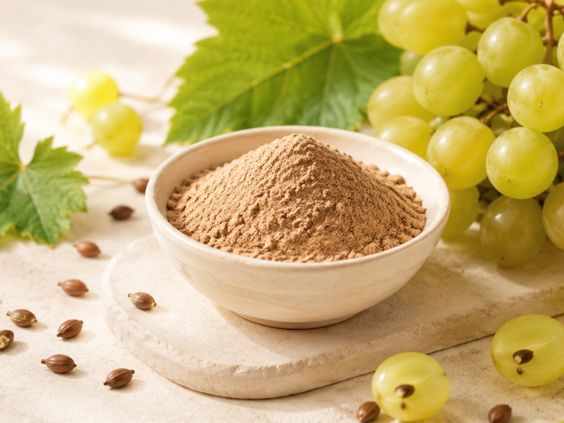 Schale mit feinem Traubenkernmehl, daneben weiße Weintrauben, Weinblätter und Traubenkerne – Demeter Bio-Superfood von dieNikolai aus der Wachau