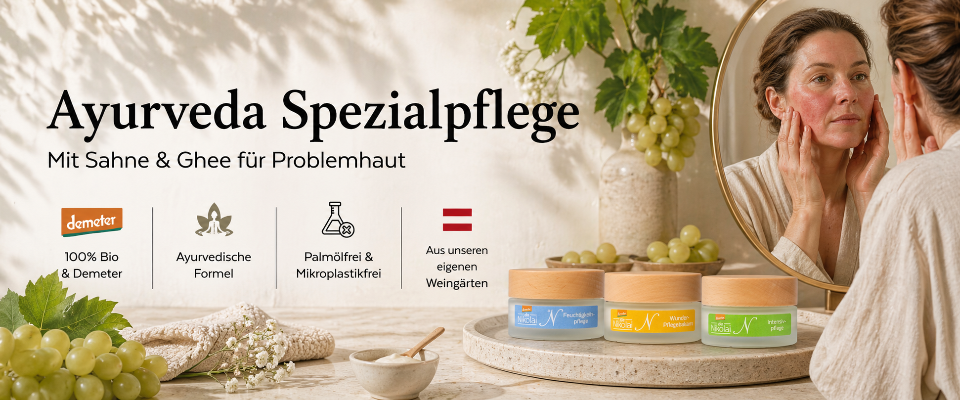 Banner Ayurveda Spezialpflege mit Sahne und Ghee für Problemhaut, drei dieNikolai Tiegel und Frau am Spiegel – Demeter Bio-Traubenkosmetik aus der Wachau