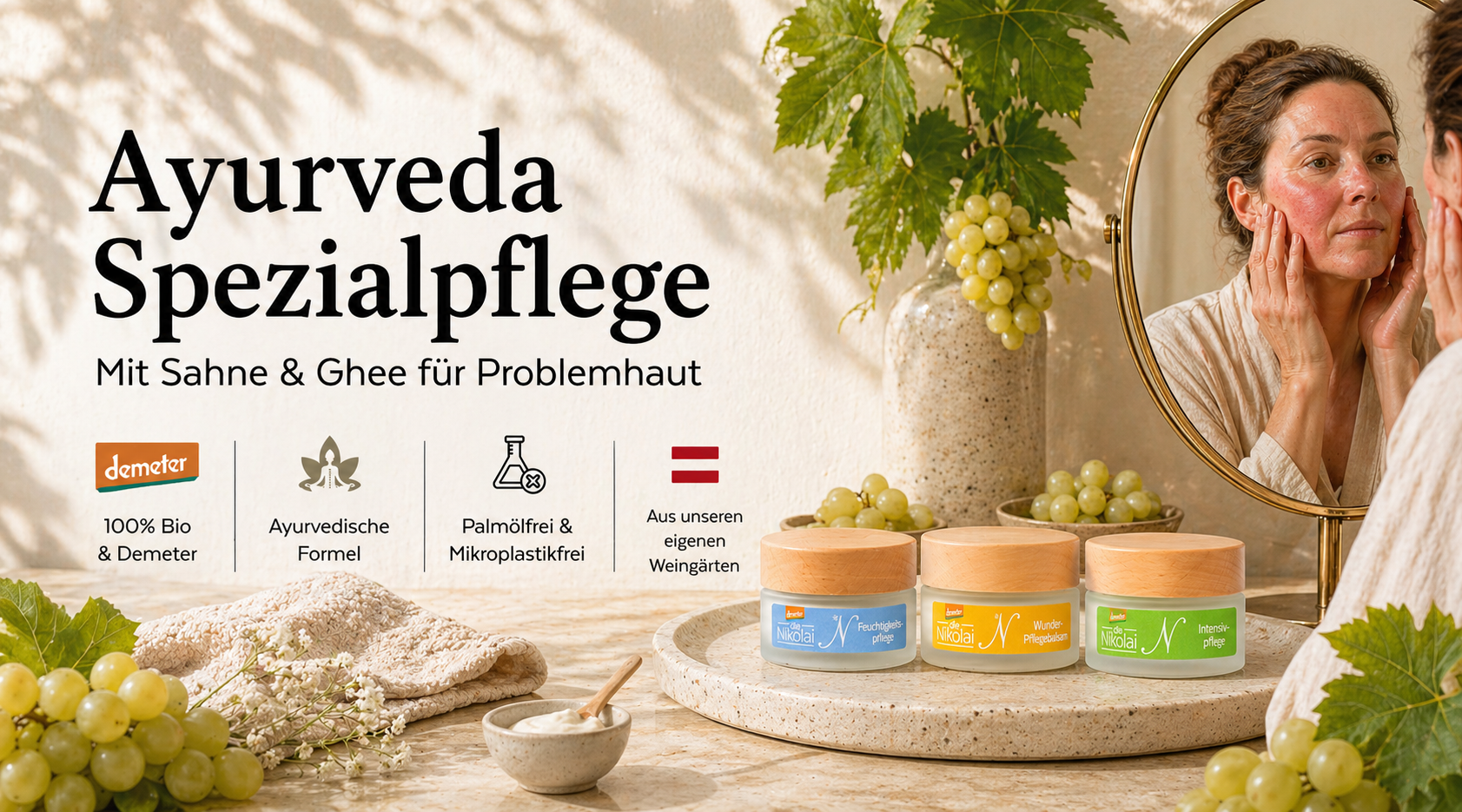 Banner Ayurveda Spezialpflege mit dieNikolai Sahne-Ghee-Cremes vor Spiegel und Frau – Demeter Bio-Traubenkosmetik für Problemhaut aus der Wachau