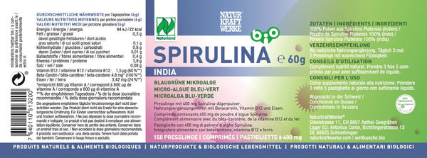 NaturKraftWerke Spirulina India 60g Etikett mit blaugrüner Mikroalge, 150 Presslingen und Vitamin B12 – Bio-Nahrungsergänzung erhältlich bei dieNikolai