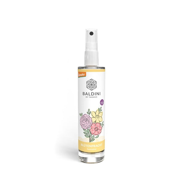 Baldini by Taoasis Blütenpracht Raumspray Glasflakon mit Blüten-Illustration und Demeter-Siegel – Bio-Raumduft im dieNikolai Sortiment