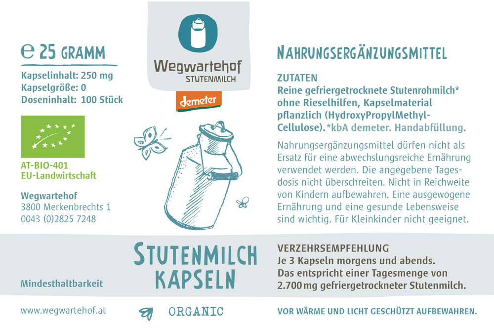 Wegwartehof Bio Stutenmilch-Kapseln in Braunglas mit Demeter-Siegel – Nahrungsergänzung im dieNikolai Sortiment aus der Wachau