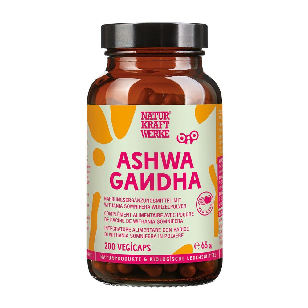 NaturKraftWerke Ashwagandha 200 Vegicaps Braunglas mit pinkem Etikett – ayurvedisches Bio-Nahrungsergänzungsmittel erhältlich bei dieNikolai