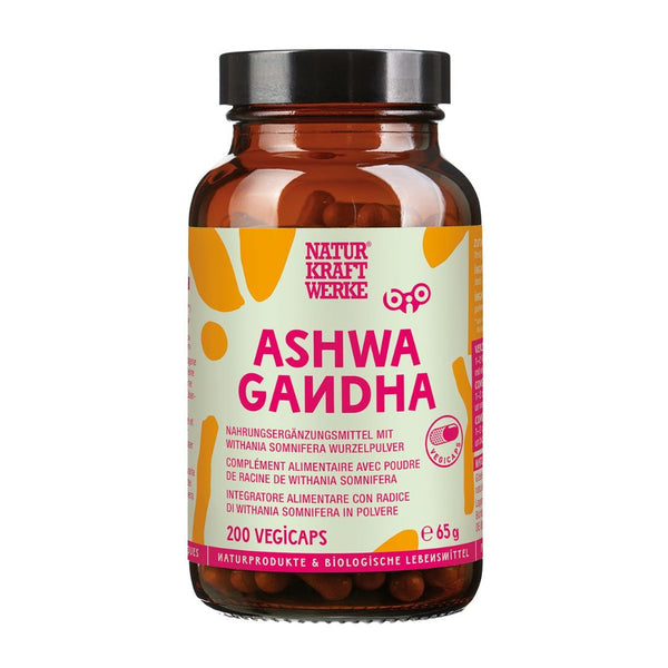 NaturKraftWerke Ashwagandha 200 Vegicaps Braunglas mit pinkem Etikett – ayurvedisches Bio-Nahrungsergänzungsmittel erhältlich bei dieNikolai