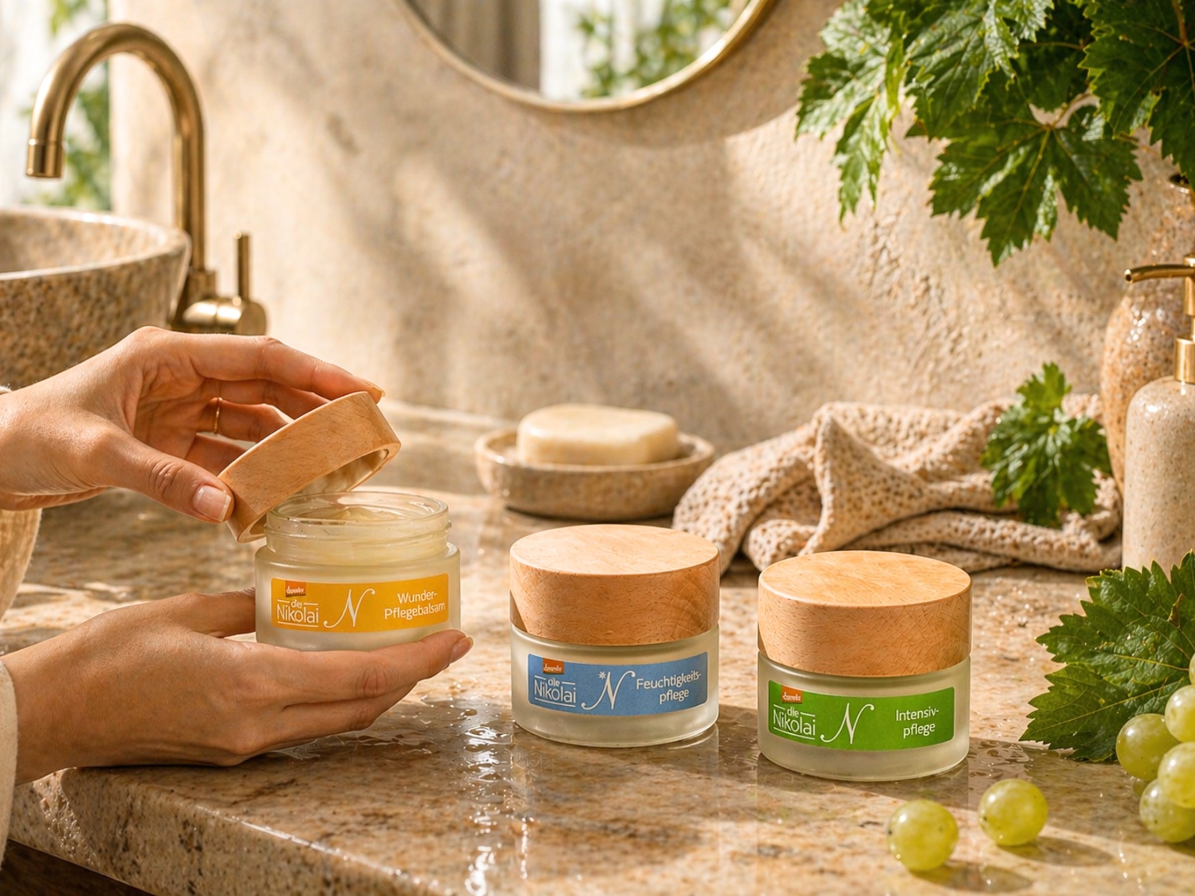 Hände öffnen dieNikolai Wunder-Pflegebalsam neben Feuchtigkeits- und Intensiv-Pflege auf Marmorwaschtisch mit Weinlaub – Demeter Bio-Traubenkosmetik aus der Wachau