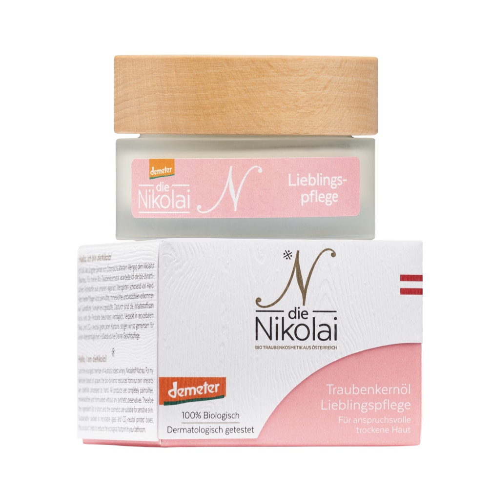 dieNikolai Traubenkernöl Lieblingspflege Tiegel mit Holzdeckel und Demeter-Karton mit Österreich-Fähnchen – Anti-Aging Bio-Traubenkosmetik für trockene Haut aus der Wachau