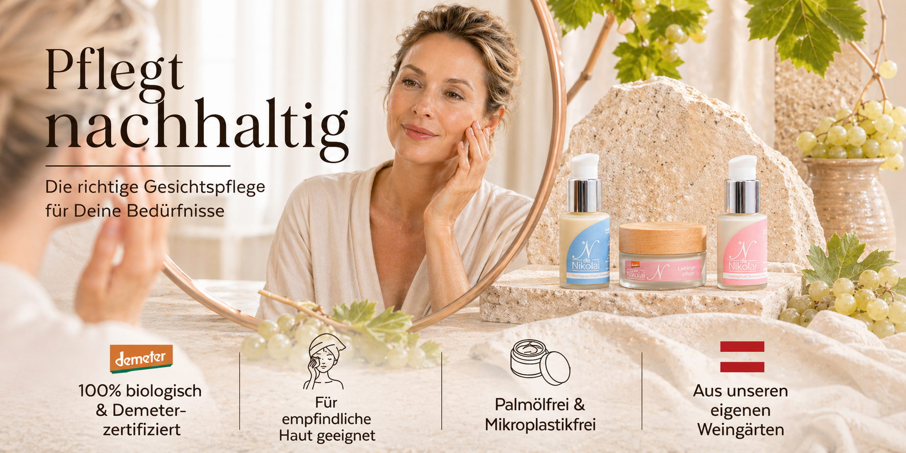Banner Pflegt nachhaltig zur Gesichtspflege mit Frau am Spiegel und dieNikolai Fluids und Lieblingspflege – Demeter Bio-Traubenkosmetik für empfindliche Haut aus der Wachau