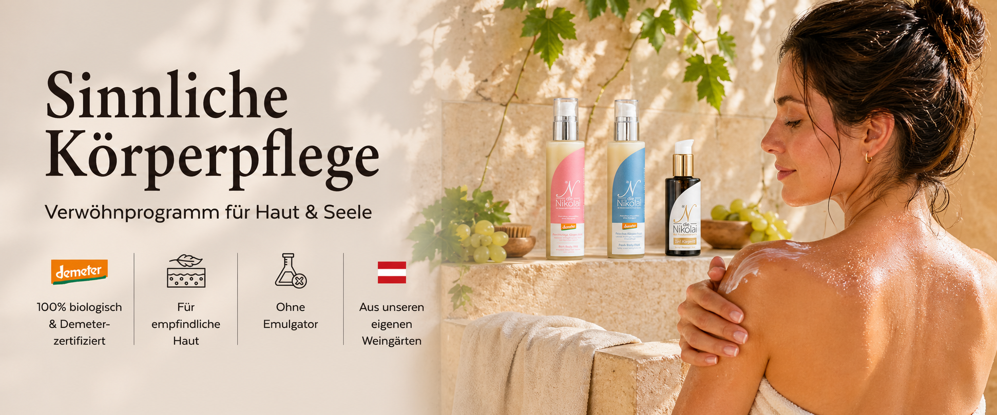 Desktop-Banner Sinnliche Körperpflege mit Frau am Steinwaschtisch und dieNikolai Körper-Milk, Fluid und Öl – Demeter Bio-Traubenkosmetik aus der Wachau