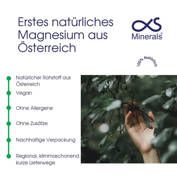 Infografik alphaXS Minerals erstes natürliches Magnesium aus Österreich mit Vorteilsliste – vegane Nahrungsergänzung im dieNikolai Sortiment aus der Wachau