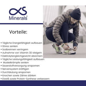 Infografik OS Minerals Magnesium mit Sportlerin und Vorteilsliste – Magnesium-Nahrungsergänzung erhältlich bei dieNikolai