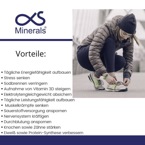 Infografik OS Minerals Magnesium mit Sportlerin und Vorteilsliste – Magnesium-Nahrungsergänzung erhältlich bei dieNikolai