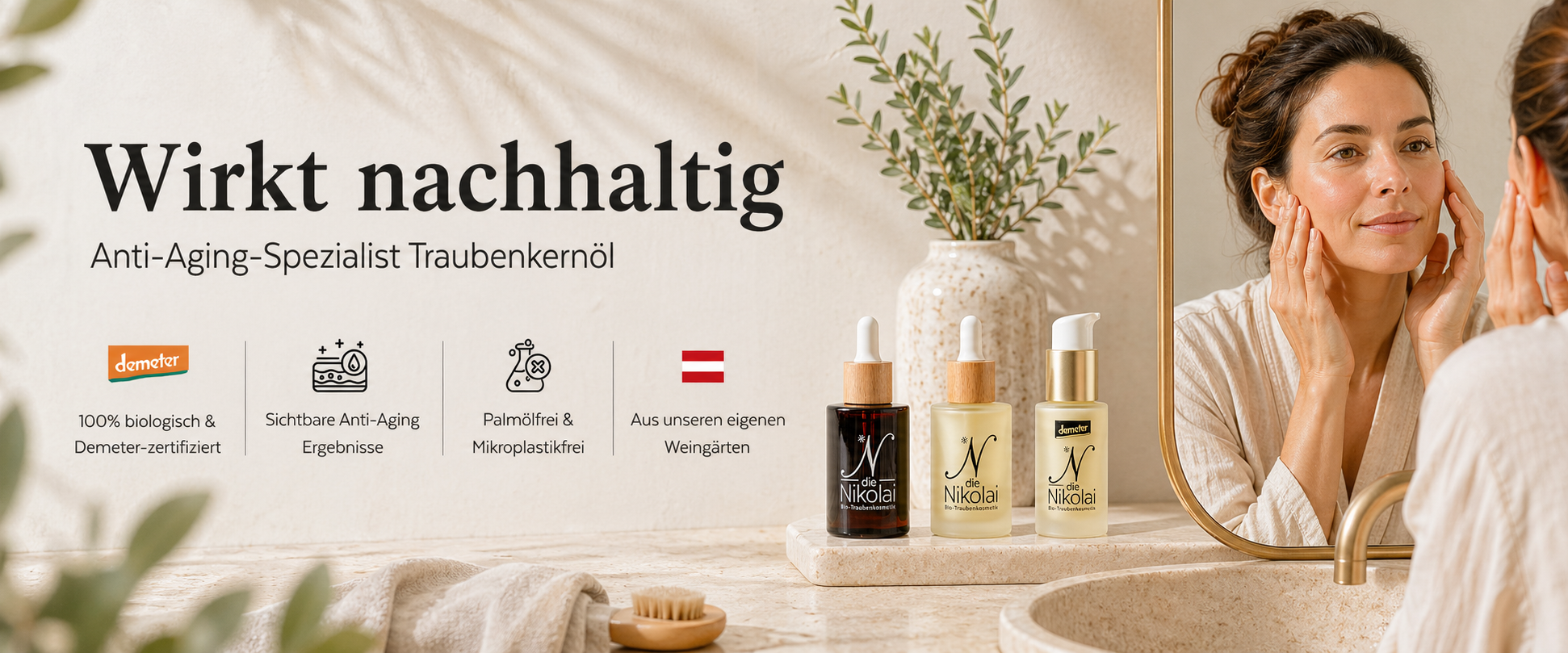 Hero-Banner Wirkt nachhaltig mit Frau am Spiegel und dieNikolai Traubenkern Intensiv-Serum, Augen-Serum und Lieblingsfluid – Anti-Aging Demeter Bio-Traubenkosmetik aus der Wachau