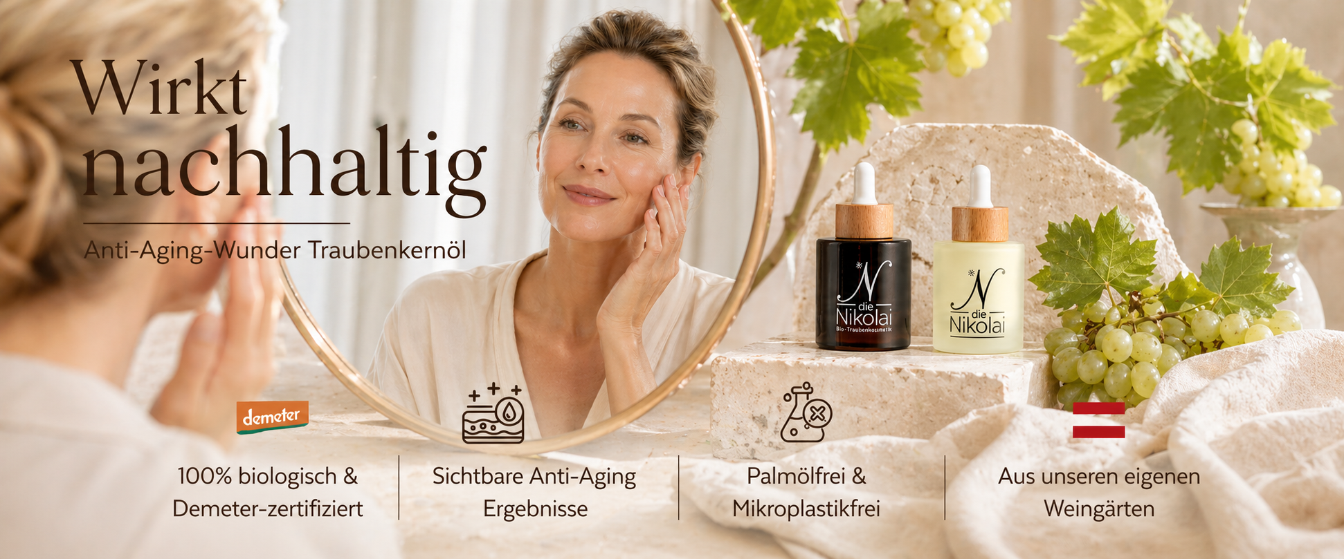 Banner Wirkt nachhaltig Anti-Aging-Wunder Traubenkernöl mit Frau am Spiegel und dieNikolai Intensiv-Serum sowie Lieblingsfluid – Demeter Bio-Traubenkosmetik aus der Wachau