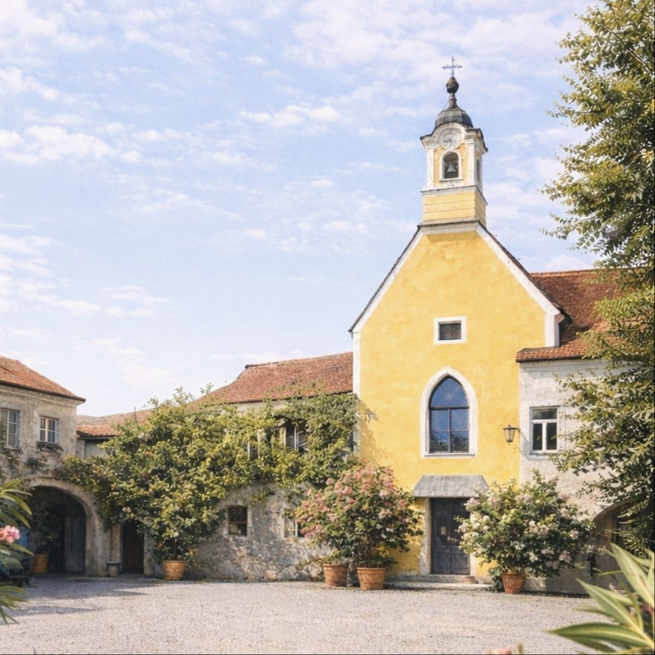 Sonniger Innenhof des Nikolaihofs Wachau mit gelber Kapelle, Glockenturm und Oleander-Buschen – historische Heimat der dieNikolai Demeter Bio-Traubenkosmetik aus Österreich