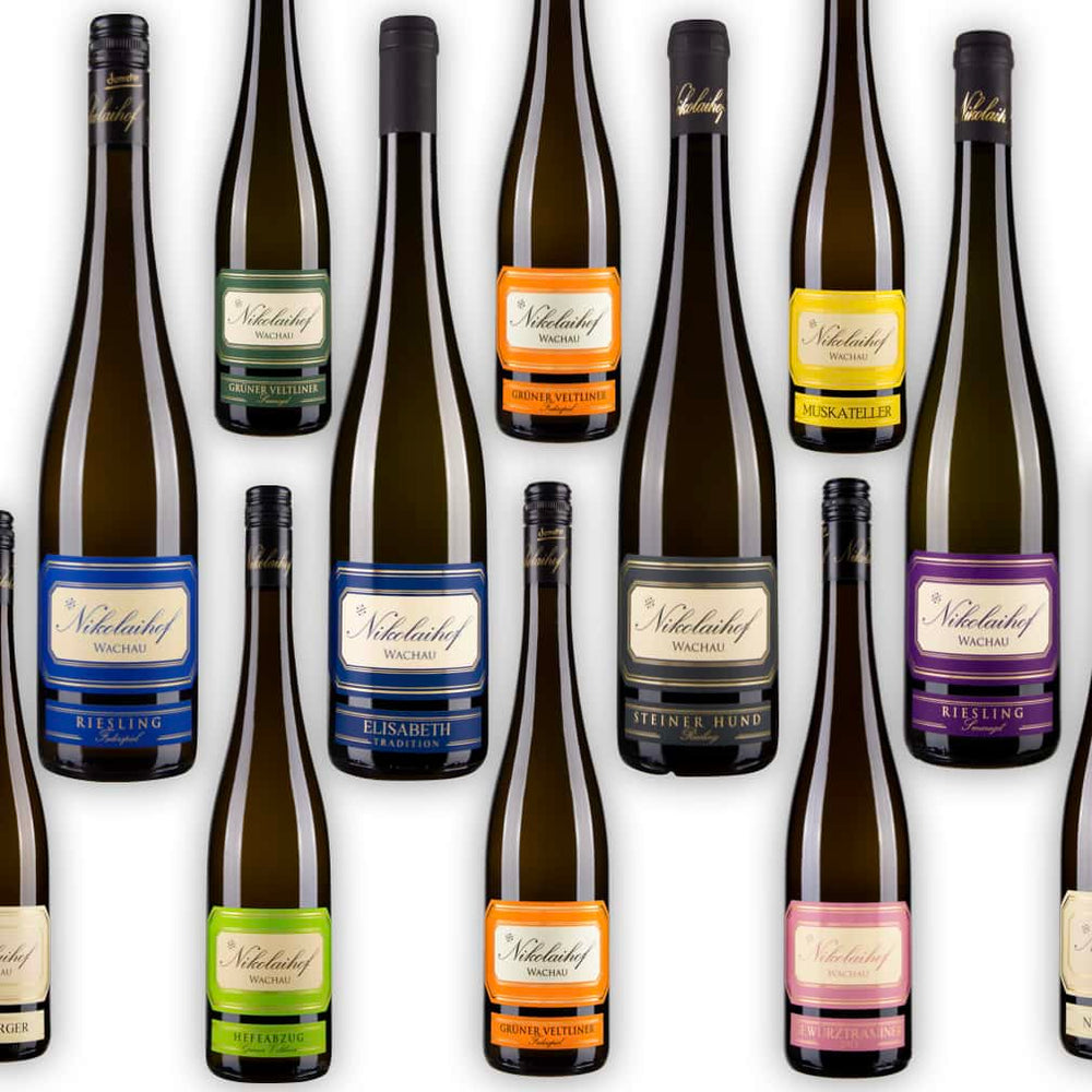 Sortiment Nikolaihof Wachau Weißweine mit Riesling, Grüner Veltliner, Muskateller und Steiner Hund in Reihen angeordnet – biodynamische Demeter Weine aus Mautern in Österreich