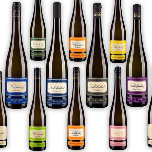 Sortiment Nikolaihof Wachau Weißweine mit Riesling, Grüner Veltliner, Muskateller und Steiner Hund in Reihen angeordnet – biodynamische Demeter Weine aus Mautern in Österreich