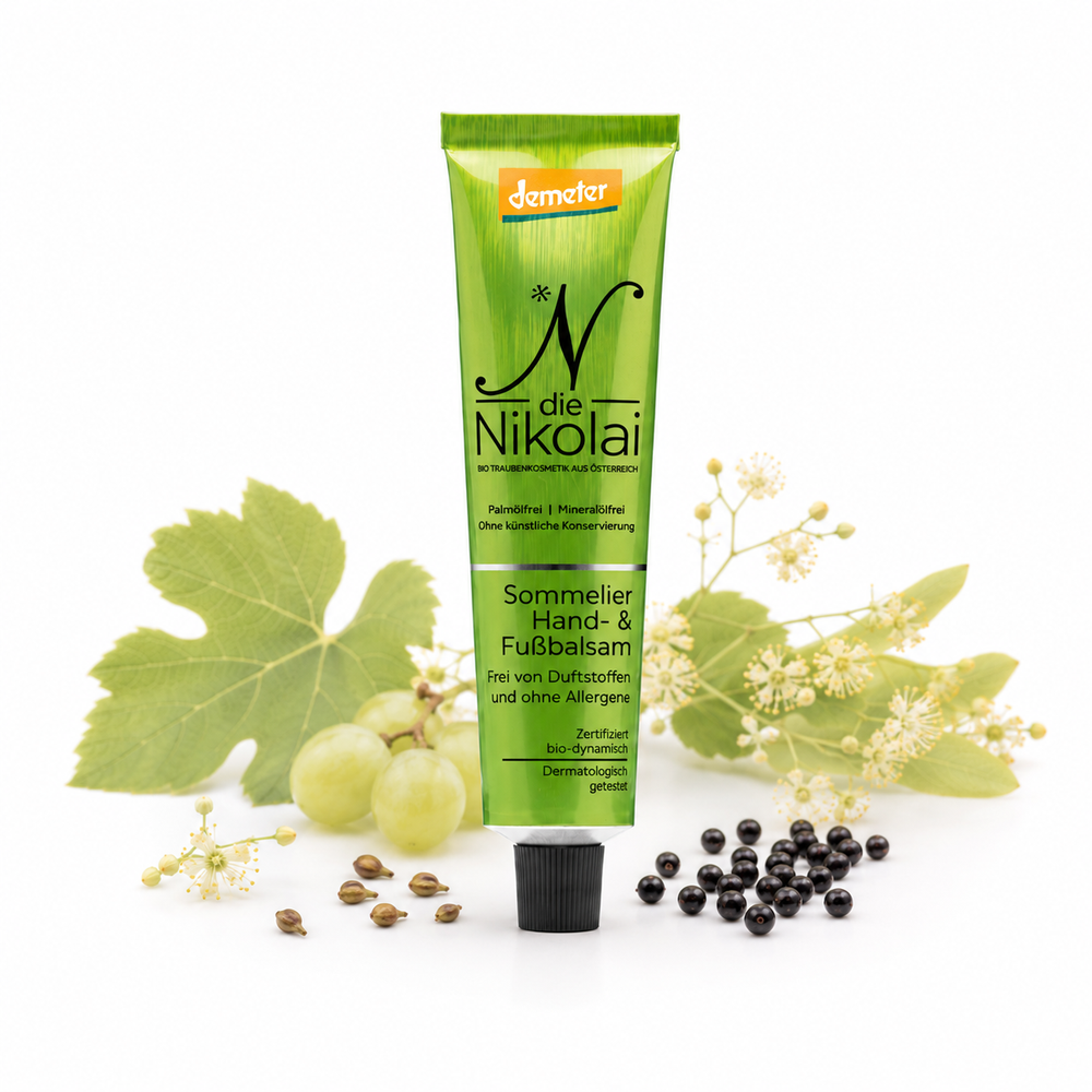 dieNikolai Bio-Traubenkosmetik Sommelier Hand- und Fußbalsam auf weißem Hintergrund, dezent dekoriert mit Weinblättern, weißen Weintrauben, Traubenkernen, Holunderkernen und Lindenblüten.