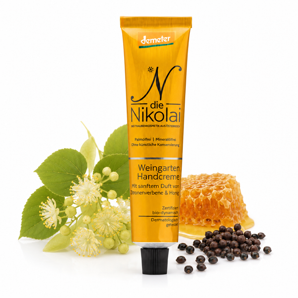dieNikolai Bio-Traubenkosmetik Weingarten Handcreme auf weißem Hintergrund, dekoriert mit Lindenblüten, Honigwabe und Holunderkernen.